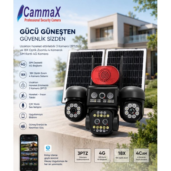 Cammax RB-822 5 KAMERALI 3 PTZ'Lİ eSIM DESTEKLİ 18X Optik Zoom GÜNEŞ ENERJİLİ 4G AOV AKILLI KAMERA