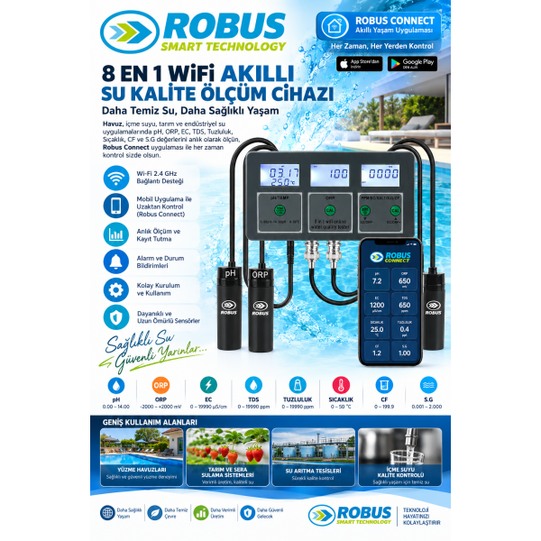 Robus Smart Akıllı Wifi Su Kalite Ölçüm Cihazı Robus Smart Akıllı Wifi Su Kalite Ölçüm Cihazı
