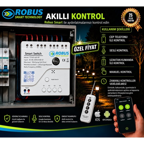 Robus Smart 4 Kanal Akıllı Wifi - Rf Alıcı Kumanda Seti