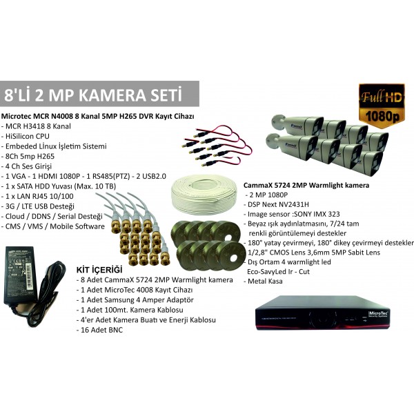 Microtec 8 li AHD Gece Renkli Kamera seti