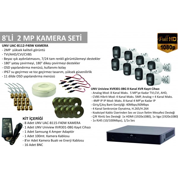 UNV Uniview 8 li AHD Gece Renkli Kamera Seti 